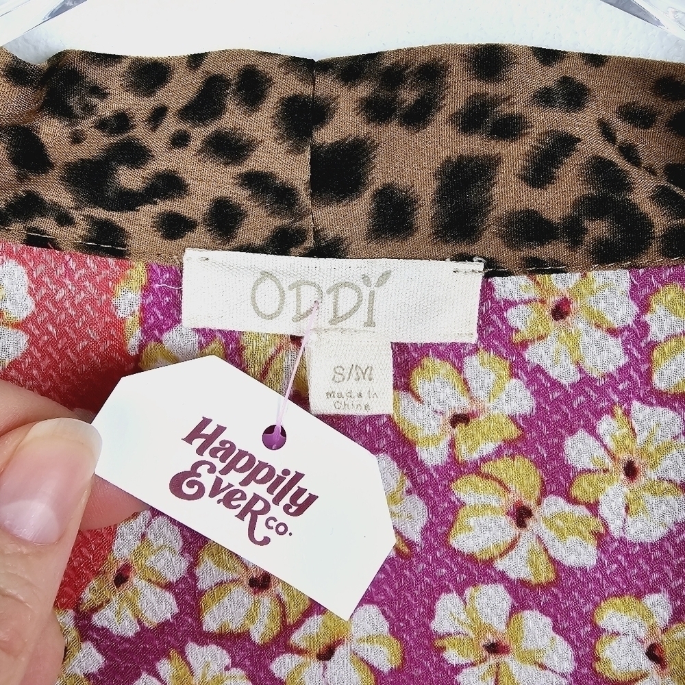 Oddy Mixed Media Patchwork Floral Leopard Print Fringe Kimono, size S/M - Picture 3 of 12